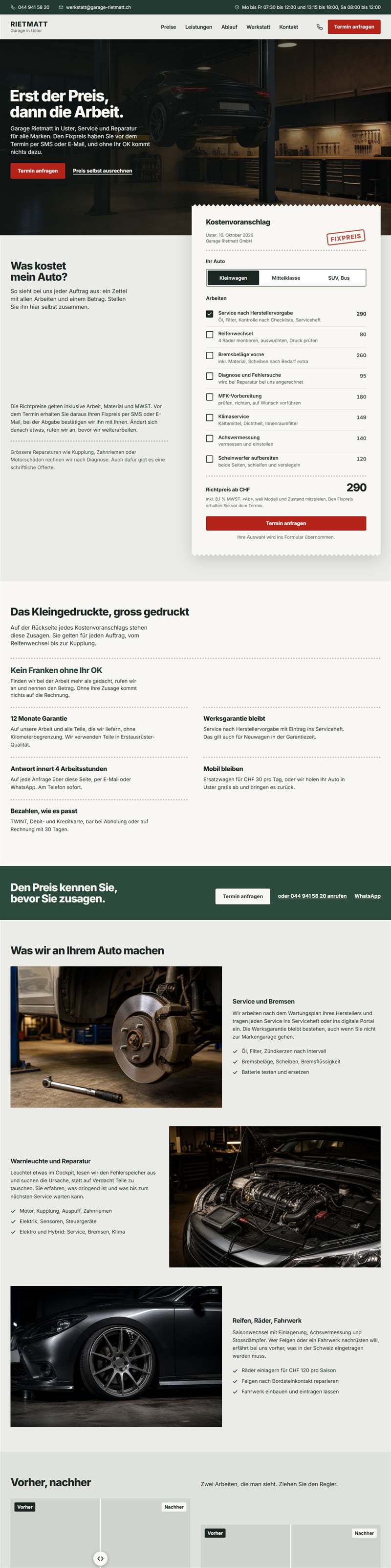 Fiktive Konzeptwebsite Garage Rietmatt, Autowerkstatt in Uster